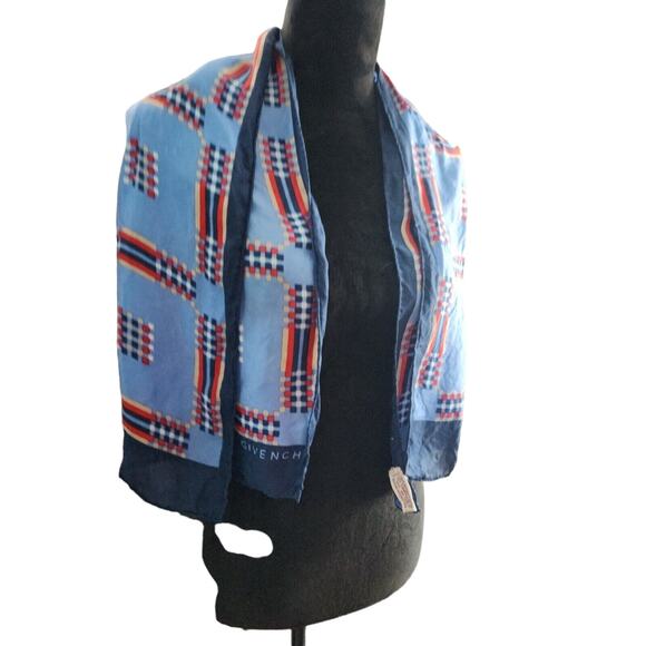 Vtg 60s Givenchy 100% Silk Scarf Robinson 45” x 15” Blue Turquoise White Red - Picture 2 of 10